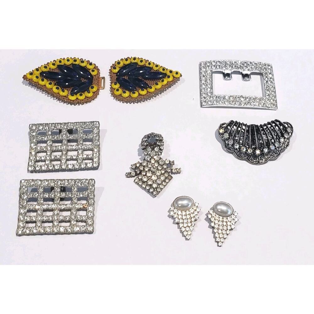Lot Vintage Fur Dress Shoe Clips & Bakelite Belt Buckle Rhinestones 9 Pcs